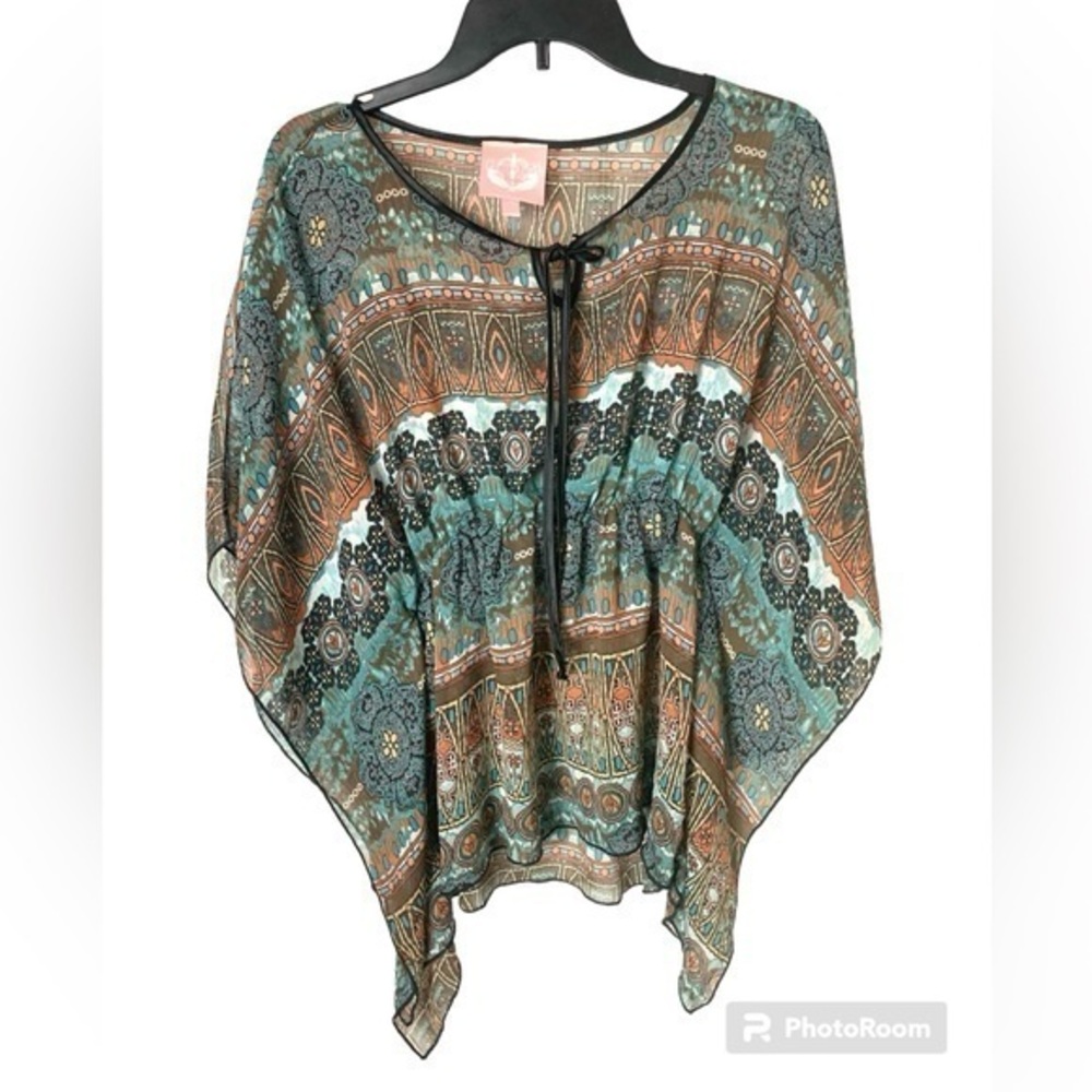 Romeo and Juliet Boho Hippie Top Blouse Coverup Turquoise Blue Orange Size S